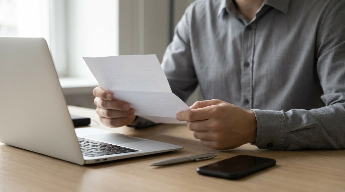 Hände sortieren amtliche Unterlagen, Akten und einen Bescheid auf einem Schreibtisch