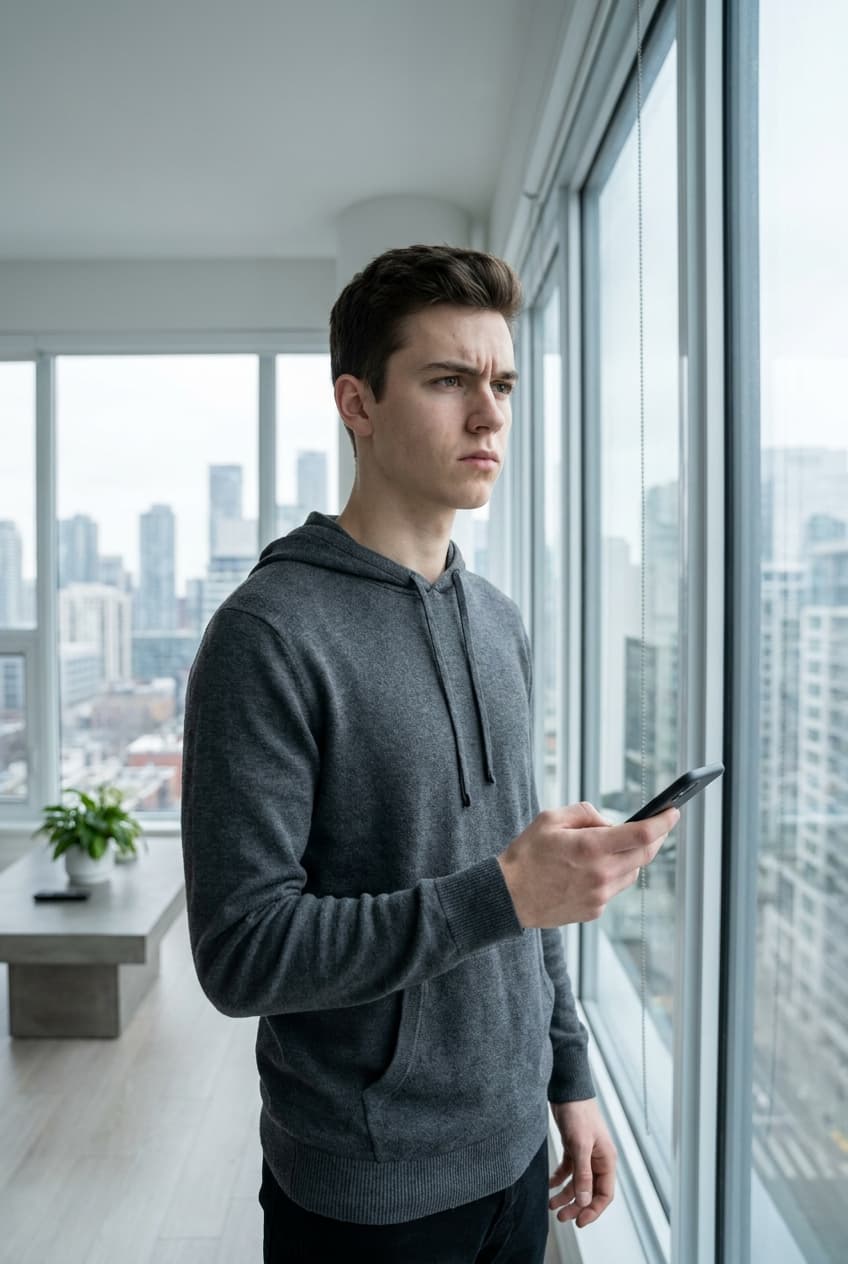 Junger Mann, nachdenklich am Fenster, vor der Entscheidung über seinen Wehrdienst
